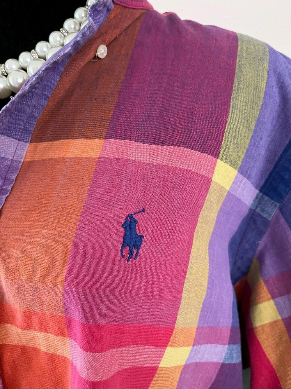 Upcycled Ralph Lauren Madras Plaid Button-Down Shirt Ruffle Collar - Picture 2 of 9